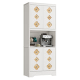 Garvee 72" Tall Pantry Cabinet Kitchen Hutch Storage Cabinet Microwave Countertop Freestanding Wooden Cupboard Carved Door Crystal Handle Dining Living Room Antique White