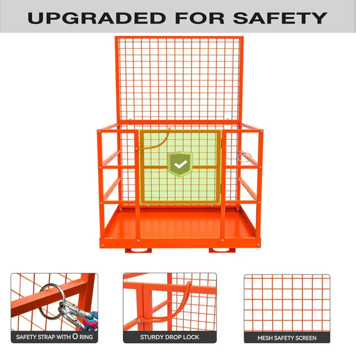Garvee Forklift Safety Cage Heavy Duty Steel Man Basket Foldable Work Platform with Guardrails Safety Harness Wheels for Aerial Work