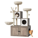 Garvee Litter Box Enclosure with Cat Tree Tower and Condo, Hidden Cat Washroom Furniture with Sisal Scratching Post, Soft Plush Perch, Multiple Platforms, Dangling Balls for Small and Medium Cats - Gray Cat Litter Cabinet + White Cat Tree