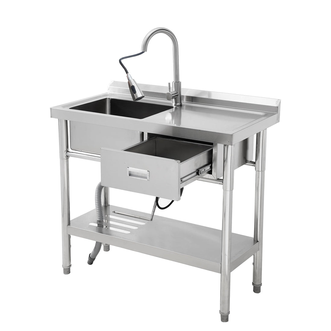 Garvee 39"W x 14"D x 33"H  Stainless Steel Utility Sink Single Bowl Free Standing with Right Drawer Workbench Rack Faucet Hot Cold Water for Laundry Kitchen Garage Workshop Outdoor