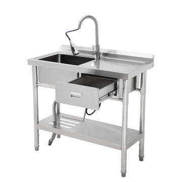 Garvee 39"W x 14"D x 33"H  Stainless Steel Utility Sink Single Bowl Free Standing with Right Drawer Workbench Rack Faucet Hot Cold Water for Laundry Kitchen Garage Workshop Outdoor