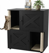 Garvee Double Layer Cat Litter Enclosure for 2 Cats with Scratching Post & Board, Wooden 2-Story Cat Washroom/Bed, Pet End Table, Spacious, Ventilated, Natural Wood Color - Black X-Door