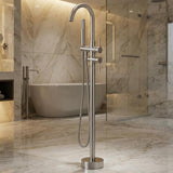 Garvee Freestanding Bathtub Faucet Matte Black Floor Mount Tub Filler with Handheld Shower Mixer Taps Swivel Spout 45.87" Height - F034 Single-Handle Round Tube, Brushed Nickel Seal, And 9/16-1/2 Npt Adapter (For The Us, Canada, And Mexico)