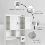 Garvee White MDF Over The Toilet Storage Cabinet, 67.4 Inch Freestanding Bathroom Organizer with Tempered Glass Doors, Adjustable Shelves, Adjustable Height and Reversible Side Storage, Space-Saving Cabinet for Bathroom and Laundry Room