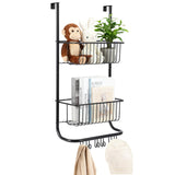 Garvee Over The Door Organizer 2-Tier Metal Shower Caddy With 6 Hooks For Bathroom Bedroom Pantry Closet 11.8"x5.1"x24.2" Space Saving Solution - Black