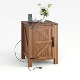 Garvee Farmhouse Nightstand with USB Charging Station, Rustic Bedside Table with Sliding Barn Door, 18 Inch Two-Tier End Table, Wood Finish