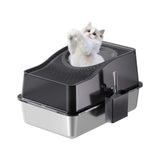 Garvee Stainless Steel Litter Box With Lid Extra Large Enclosed Cat Litter Box For Big Cats Anti-Leakage Metal Kitty Box With High Sided Enclosure Scoop Pedal Non-Slip Mat - Black Bottom Basin 15 High