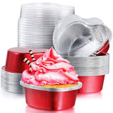 Garvee 50 Pcs Heart-Shaped Tin Foil Cake Cups With Lid, Aluminum Foil Baking Moulds, Heat Resistant, 7.1x6.7cm, Red