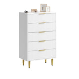 Garvee Fluted Dresser with 5 Drawers, Wooden Chest with Metal Handles & Feet for Bedroom, Living Room, Hallway - White, Multiple Sizes