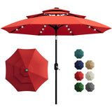 Garvee 10Ft 3-Tier Solar Patio Umbrella with LED Lights, Outdoor Table Umbrella, Dark Red, Pool Deck Garden - Dark Red