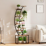 Garvee Metal Plant Stand With LED Light, Crescent Design, 5-Tier Flower Shelf, Powder-Coated Iron & Wood Look, Space-Saving, Stable, 160cm, Black