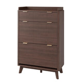 Garvee Dark Walnut Fluted Shoe Storage Cabinet, MDF Entryway Organizer with 2 Flip Drawers, 1 Top Drawer and Adjustable Shelves, 31.5"WX14.2"DX42.3"H, 30 lb Top Load, Guardrail Display Top and 5.9" Raised Legs for Hallway, Bedroom and Living Room - Dark Walnut