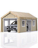 Garvee Carport 10'x20' Portable Garage Heavy Duty, 1.0 mm Steel Poles & 14 mil PE Tarp, with Front & Rear Doors, 2 Side Doors, and 4 Windows Screen, for Pickup Truck, and Boat, Khaki
