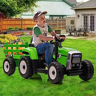 Garvee 12V Kids Ride On Tractor With Trailer & Remote Control, Toddler Electric Vehicle Car, 25W Green, For 3-6 Years