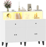 Garvee Large Storage Dresser with 6 Drawers and Shelves Mid Century Modern White Wood Credenza for Dining Room Kitchen Living Room