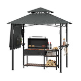 Garvee 8x5 ft Grill Gazebo with Side Awning, Double-Tier BBQ Canopy, 4 LED Lights, Heavy-Duty Steel Frame, Khaki for Patio and Backyard - Grey