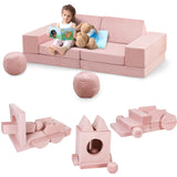 Garvee Convertible Kids Sofa Bed 12 Modular Pieces Foldable Futon Soft Comfortable Seating Durable Material Space-Saving Design Playroom Bedroom - Pink