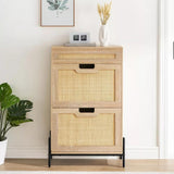 Garvee Slim 24" Rattan Shoe Storage Cabinet with Flip-Down Compartments and Drawer for Entryway and Hallway, Wood, Adjustable Shelves, Natural Color - Wood