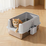 Garvee Non-Stick Stainless Steel Cat Litter Box with Lid & Scoop, Side Opening, Splash-Proof, Leak-Proof, Large 23.62''L x 15.75''W x 14''H, Grey - Grey