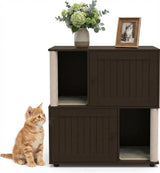 Garvee Double Layer Cat Litter Box Furniture with Scratching Post and Litter Mats, Wooden Corner Cabinet, Multi-Functional Cat Washroom Bed, Natural Wood Color - Brown Slotted Door