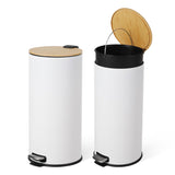 Garvee 8 Gallon Stainless Steel Step Trash Can with Soft-Close Bamboo Lid for Kitchen Bathroom Living Room, 12x14.4x24.3", White - White