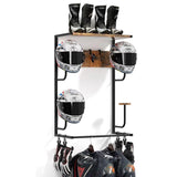 Garvee Motorcycle Helmet Rack Rustic Wall-Mounted Wooden Shelf with 4 Hat Hooks & Storage Clips for Gear, Gloves, Keys, and Jackets Durable Iron & Wood Construction