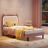 Garvee Kids Twin Bed Frames with Cat Headboard, Upholstered Princess Platform Bed, Pink & White, Sturdy Wood Slats, No Box Spring Needed - Pink