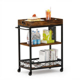 Garvee 3-Tier Bar Cart with Removable Tray, Brake Wheels, Large Storage for Home Office Party, Compact Size, Wood Look Metal Frame