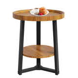 Garvee Round End Table 19.69 IN Wood Tabletop Black Metal Frame 2-Tier Side Table Living Room Bedroom Walnut Wood Color