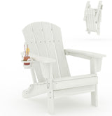 Garvee Folding Adirondack Chair All-Weather HDPE Outdoor Chair Wooden Textured With Cup Holder For Patios Decks Gardens Fire Pits White - White