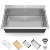Garvee Stainless Steel 304 Drop-In Kitchen Sink, 30x22 Inch Single Bowl with Ledge, Brushed Finish, Bamboo Accessories, Modern Kitchen - Workstation Ledge