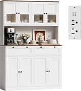 Garvee Tall Kitchen Pantry Cabinet with Charging Station, Microwave Stand, Drawers for Kitchen, Dining Room, Living Room, White, Space-Saving - White
