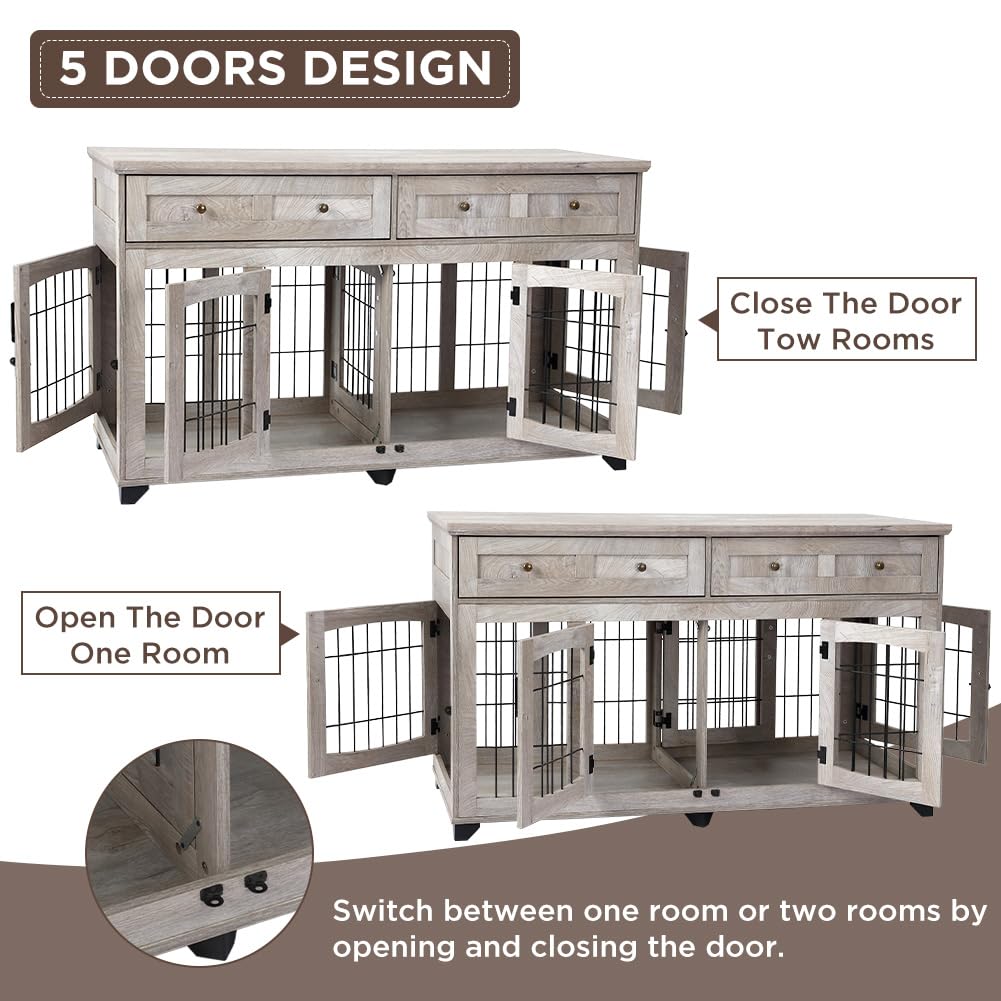 Garvee 2 Rooms Dog Crate Furniture for Big Breed,58" Wooden Dog Crate Table with 2 Drawers,Indoor Dog Kennel,Dog House,Dog Cage,TV Stand (Gray)