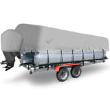 Garvee 25-28 FT Heavy-Duty 1500D Waterproof Pontoon Boat Cover with Motor Cover & Adjustable Windproof Straps - Marine Grade, Trailerable, Gray