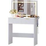 Garvee Fluted Vanity Desk with Large 32-Inch Illuminated Mirror, 3 Lighting Modes, 2 Drawers, Power Outlet, Hair Dryer Rack for Bedroom, White - White