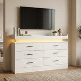 Garvee TV Stand Cabinet with LED Lights & Charging Station, Floating Countertop, 6 Drawers, 47.24"w x 15.75"d x 31.5"h, White