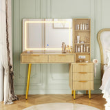 Garvee 48" Makeup Vanity Desk with Fluted Design, 36" Lighted Mirror, Glass Top, Oak for Bedroom