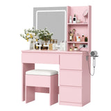 Garvee Modern Vanity Desk with LED Mirror, Makeup Dressing Table with Lights, Outlets, Storage Stool, 4 Drawers & Hair Dryer Holder – 3 Color Options