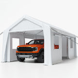 Garvee 13'x20' Heavy Duty Portable Garage, 1.0 mm Steel Poles & 180 g PE Waterproof Canopy, Front & Rear Doors, 2 Side Doors, 4 Windows, White