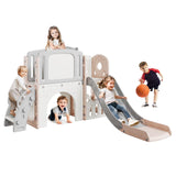 Garvee Activity Center with Slide Multi-Functional Indoor Outdoor Playground Playset Pink with Climber Stairs Crawl Tunnel Basketball Hoop Telescope - Pink