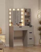 Garvee Makeup Vanity Desk with Mirror and Lights, 4 Drawers, Built-in Power Outlet & USB, Adjustable LED Lighting for Bedroom Decor, White - Grey