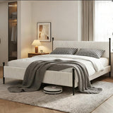 Garvee King Size Bed Frame With Vertical Stripes Headboard Corduroy Upholstered Vintage Metal Legs White - King White