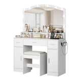 Garvee Vanity Desk with 10 Adjustable LED Lights, Storage Drawers & Cabinets, Charging Station, Stool, White, Women/Girls Bedroom
