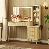 Garvee Fluted Makeup Vanity Desk with 36" Lighted Mirror, Charging Station, 5 Drawers, Oak for Bedroom
