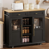 Garvee 41" Rustic Kitchen Island on Wheels - Wood Drop-Leaf Table with 3-Tier Storage, Mobile Coffee Bar Cart for Small Spaces, Black & Natural - 