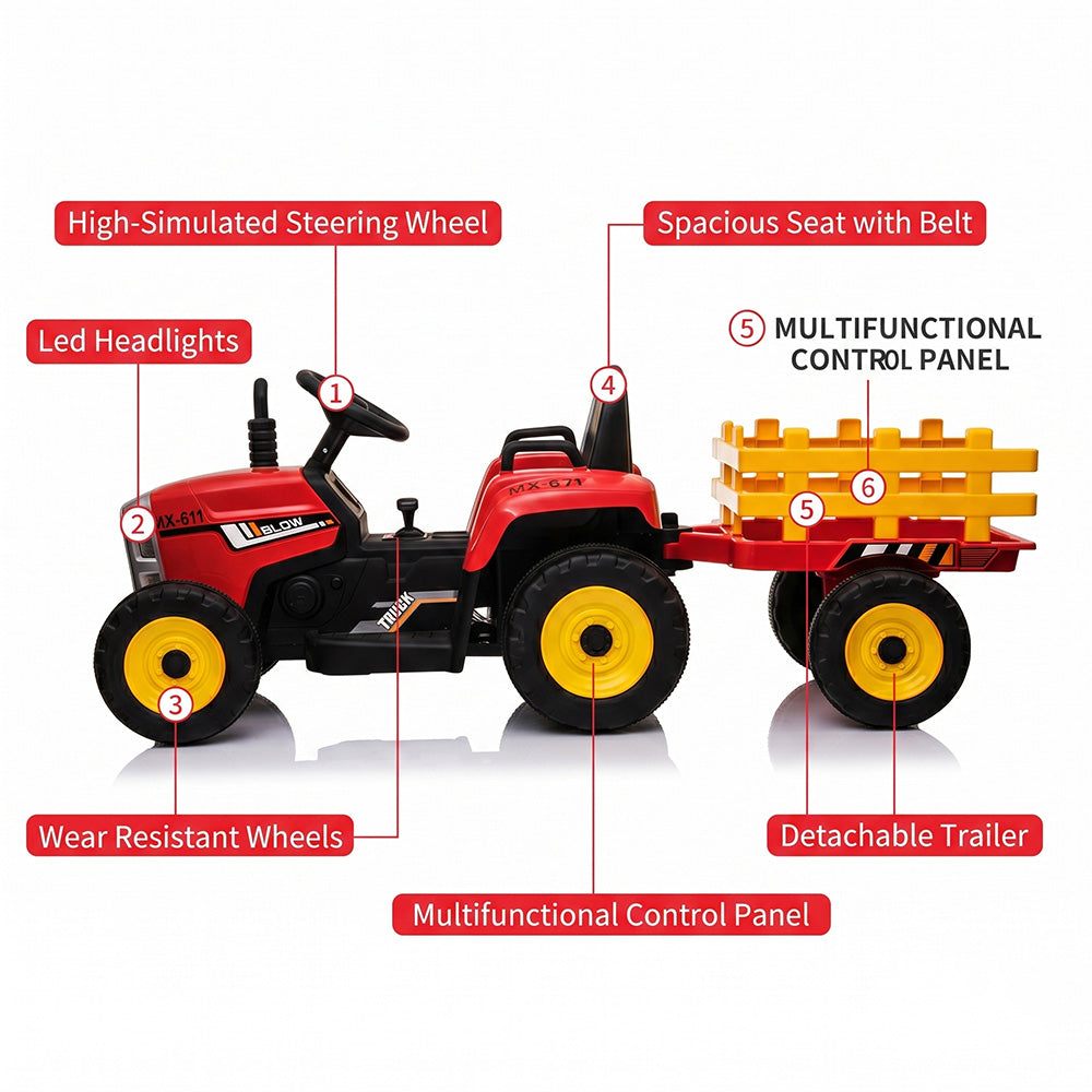 Garvee 12V Kids Ride On Tractor With Trailer & Remote Control, Toddler Electric Vehicle Car, 54in, Red
