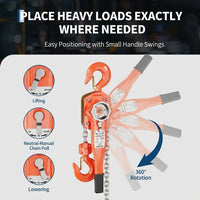 Garvee Manual Lever Chain Hoist 3 Ton G80 Galvanized Steel Chain Weston Double Pawl Brake 360° Swivel Hook Compact Design for Garage Factory Dock