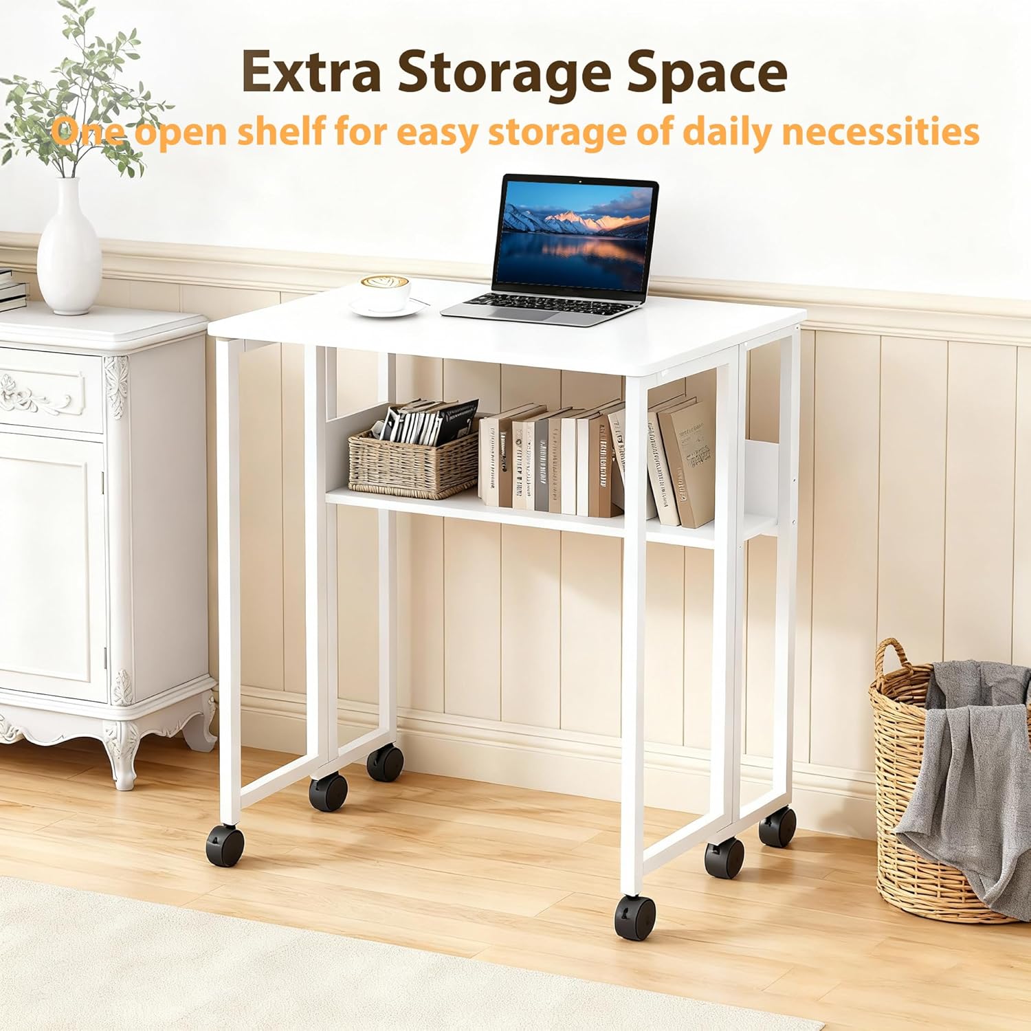 Garvee Folding Desk Small Rolling Desk with Storage Shelf for Home Office Study 24.8 Inch White Space-Saving Foldable