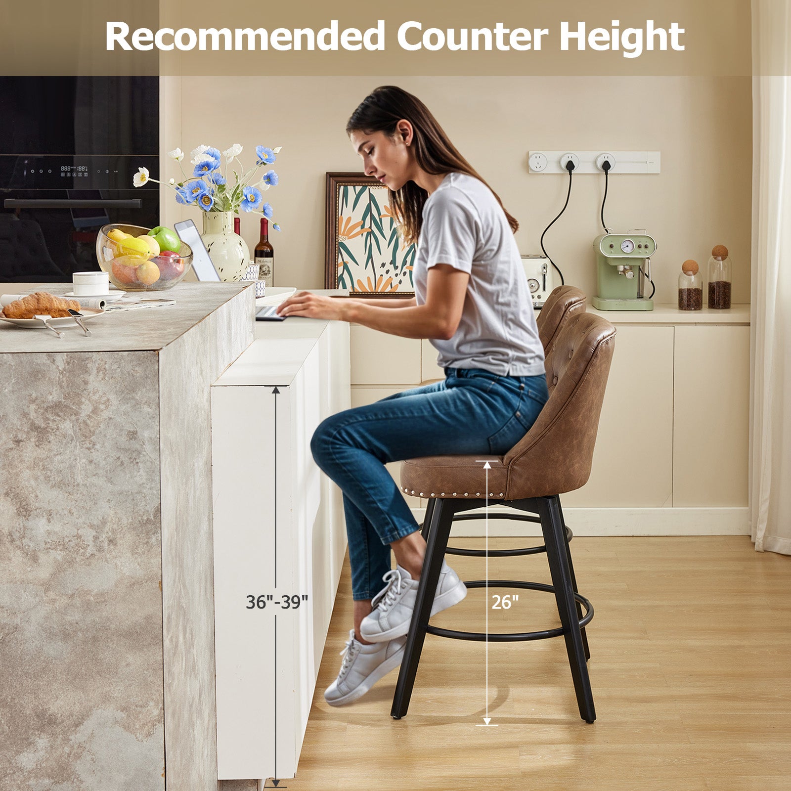Garvee Counter Height Bar Stools Set of 2, Modern Swivel Bar Stools with Back and Wood Legs, 26" H, Leather Brown for Kitchen Island Home Bar