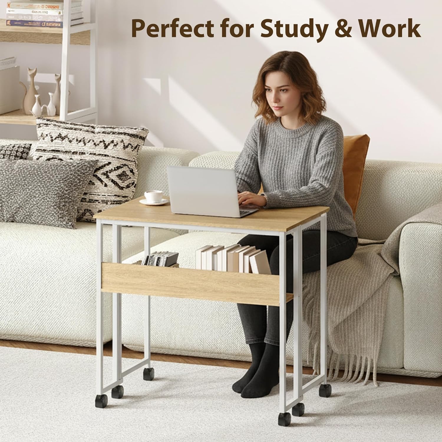 Garvee Folding Desk Small Rolling Desk with Storage Shelf for Home Office and Study, 24.8 Inch, Foldable, Space-Saving, with Wheels